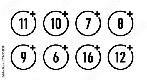 Vector icon eight circular icons with numbers and plus signs