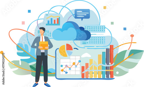 Professional man in business attire interacting with a digital cloud filled with data representing technology and information management