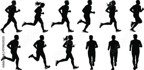 Group of diverse runners in motion black silhouettes running people