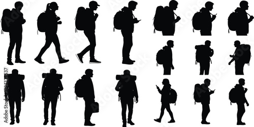 Group of hikers with backpacks walking in silhouette vector