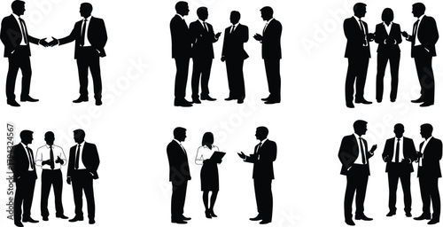 Silhouettes of business people in handshake and discussion poses meeting