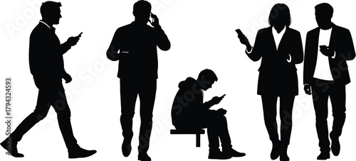 Silhouettes of people interacting with mobile phones and one person sitting smartphone technology