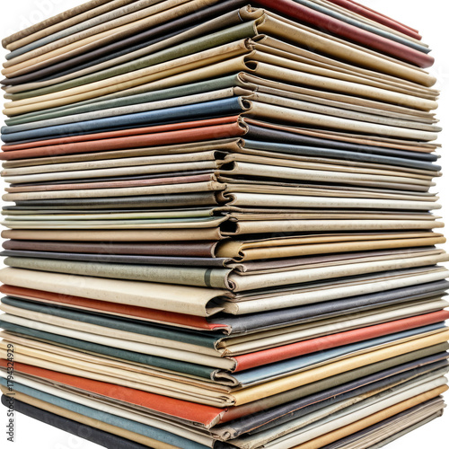 Stack of many aged, bound books with colorful spines in disarranged pile