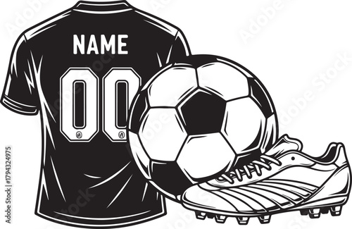 Black soccer jersey ball and cleat football