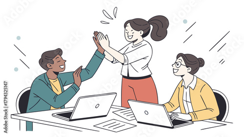 Diverse business team celebrating a successful project completion with joy and unity symbolizing teamwork and achievement in a vibrant modern illustration