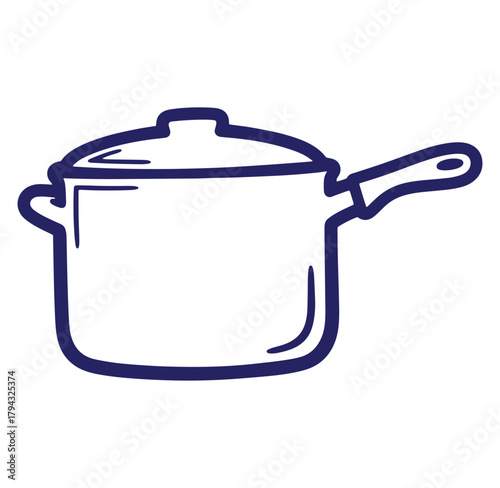 Outline illustration of a cooking pot with lid for food preparation and kitchen usage.
