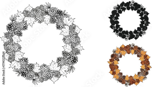 Hand drawn wreath with pine cones and leaves in different styles decorative element for christmas and new year design