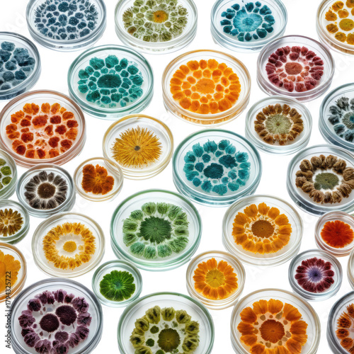 Petri dishes with various colorful bacterial and fungal cultures