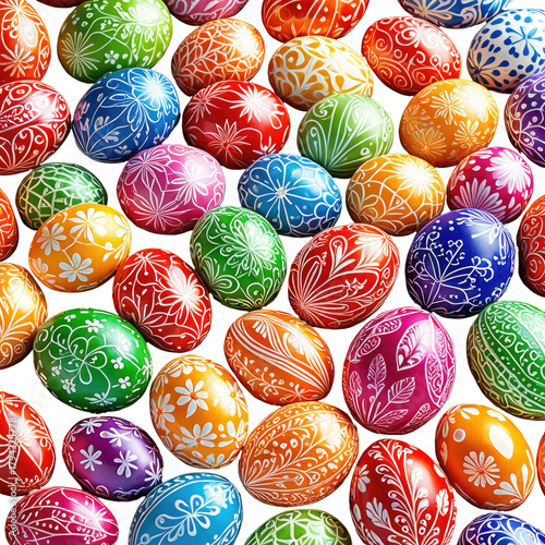 Colorful easter eggs with delicate white floral decorations. Overhead view