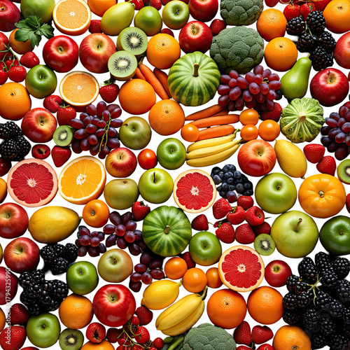 Assorted fruits apples, oranges, grapes, bananas, berries, kiwi and more