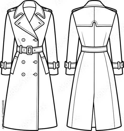 Classic trench coat flat sketch, long belted coat design, fashion template for women outerwear, stylish double-breasted jacket vector illustration