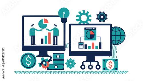 Diverse business team collaborating and managing a digital advertising campaign with charts and data visualization on screens