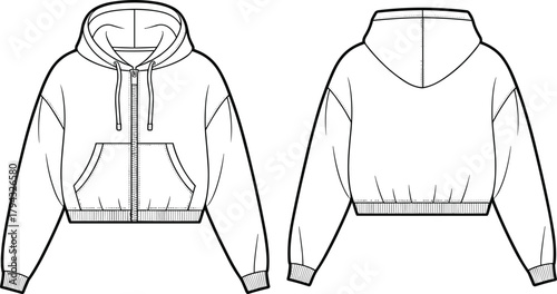 Cropped hoodie jacket fashion flat sketch, front and back view, casual sweatshirt design template, streetwear apparel technical drawing illustration