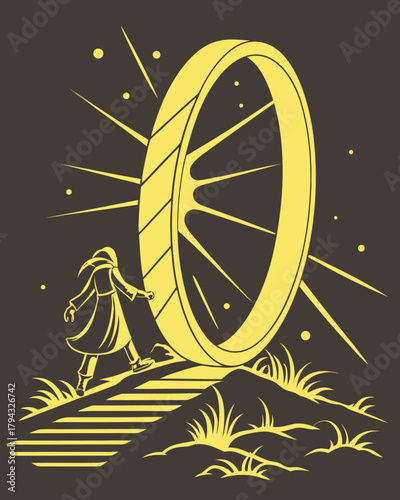 Abstract Bright Gold Circle Frame with Energy Flare and Reflection