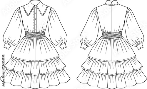 Elegant long sleeve tiered dress fashion flat sketch, ruffle hem design, smocked waist vintage style, clothing technical drawing illustration