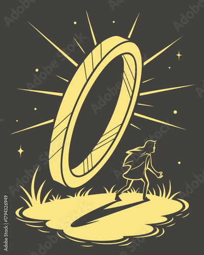 Abstract Bright Gold Circle Frame with Energy Flare and Reflection