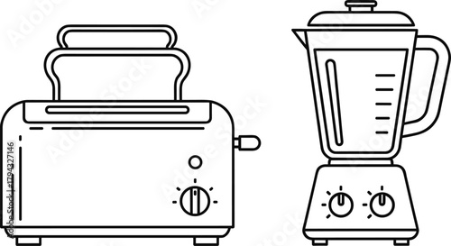 Minimal line art illustration of kitchen toaster and electric blender for modern home appliance design, cooking equipment, and food preparation themes