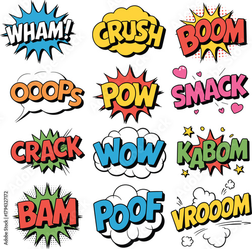 Comic sound effect words, colorful comic text, pop art style, retro comic design, dynamic typography, comic book explosion, action words, cartoon impact graphics