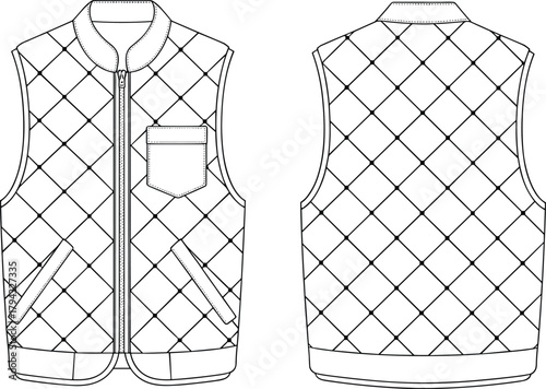 Quilted sleeveless vest fashion flat sketch, technical clothing design template, stylish winter gilet vector illustration, apparel CAD drawing, fashion design