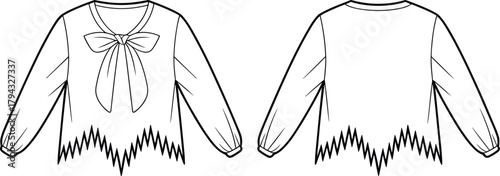 Fashion illustration, blouse sketch, bow neckline, zigzag hemline, puffed sleeves, gathered cuffs, technical drawing, garment design, apparel template, clothing mockup, textile concept, fashion flat