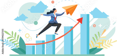 Ambitious businesswoman soars upwards on a paper airplane symbolizing career growth and innovation in a vibrant business environment