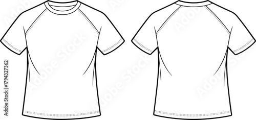 Short-sleeve raglan t-shirt with crew neckline, clean seams, and detailed flat technical illustration for modern apparel fashion design templates