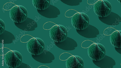 Aesthetic top view of green honeycomb paper Christmas ornaments, Crafted xmas balls as holiday minimal trend pattern, winter seasonal festive green decorations, Happy holidays, Merry Christmas banner