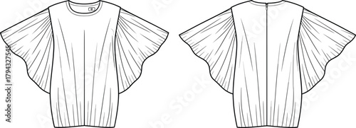 Fashion illustration, blouse sketch, pleated sleeves, round neckline, zipper back, voluminous silhouette, technical drawing, garment design, apparel template, clothing mockup, textile concept