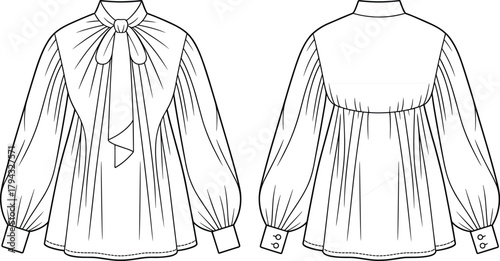 Fashion illustration, blouse sketch, bow tie neckline, pleated front, voluminous sleeves, gathered cuffs, technical drawing, garment design, apparel template, clothing mockup, textile concept