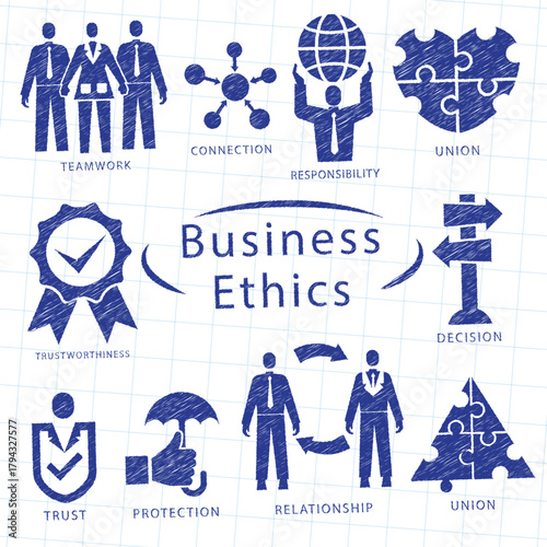 Hand drawn illustration of business ethics concepts with diverse elements