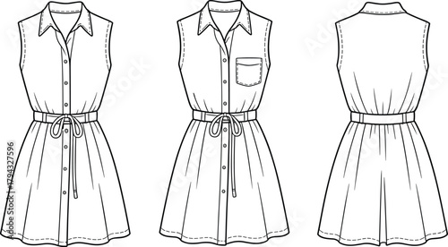 Sleeveless shirt dress fashion flat sketch, belted waist casual dress design, front and back technical drawing, summer apparel template illustration