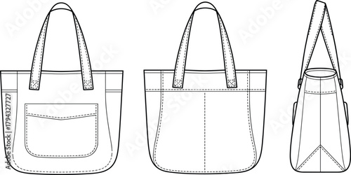 Tote bag technical flat sketch with front, back, and side views, detailed stitching lines, clean vector outline design for sewing and product presentation