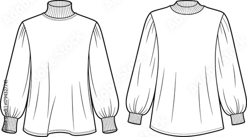 Fashion illustration, technical sketch, long sleeve top, ribbed cuffs, turtleneck, crewneck, voluminous sleeves, garment design, apparel template, clothing mockup, textile concept, fashion flat