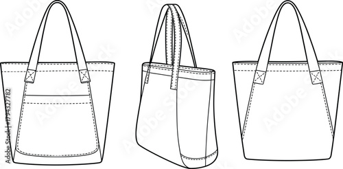 Tote bag technical illustration showing front, side, and back views, clean vector outline design, fashion accessory blueprint for sewing and product presentation