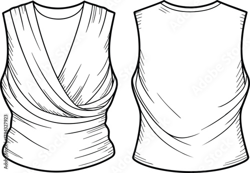 Women draped sleeveless top fashion flat sketch, wrap front blouse design, ladies apparel vector template, stylish shirt technical drawing