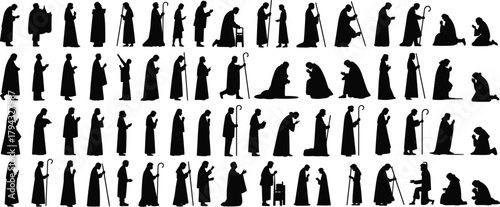 Silhouette, robed figures, ritual, storytelling, staff, cane, kneeling, sitting, standing, gesture, interaction, culture, tradition, teaching, worship, ceremony, devotion, ancient