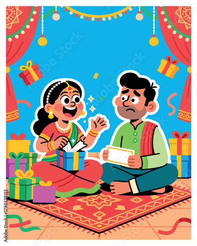 Joyful woman opening exciting gift box, man with a blank disappointed card