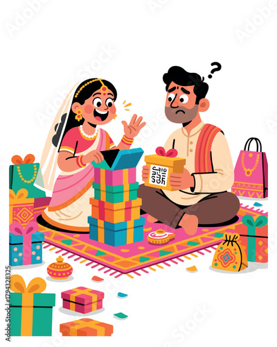 Indian couple joyfully opens gifts, man looks confused about his present