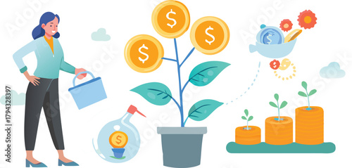 Illustrative depiction of a businesswoman diligently watering a flourishing money plant symbolizing financial growth and prosperity in a vibrant business setting
