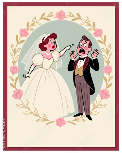 Furious bride confronts shocked groom vintage cartoon wedding illustration
