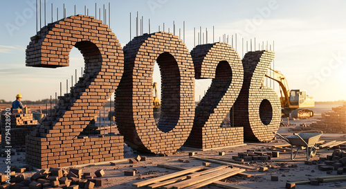 2026 constructed from brick work in a building new beginning and future development. Symbolic construction of the upcoming year for business.