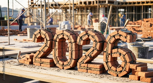 Happy New Year 2026 sign made with red bricks and cement at construction site. Building new future concept.