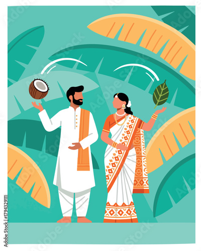 Traditional indian couple celebrating festival, holding coconut and leaf
