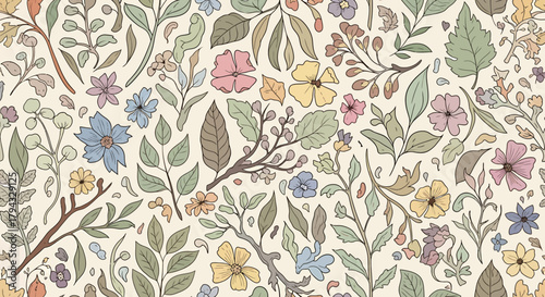 A detailed illustration of various flowers and leaves in a repeating pattern, creating a floral design.