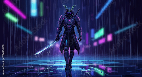 Futuristic samurai warrior walking in a neon-lit cyberpunk city street at night.