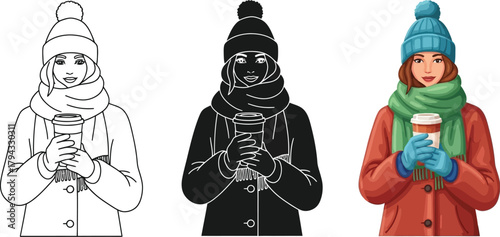 Illustration of a woman in winter clothes holding a cup of coffee, in color, black silhouette and outline style