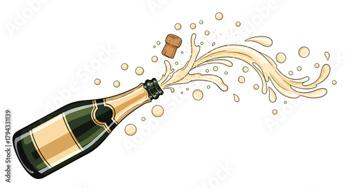 Champagne bottle popping with cork flying and liquid spraying out.