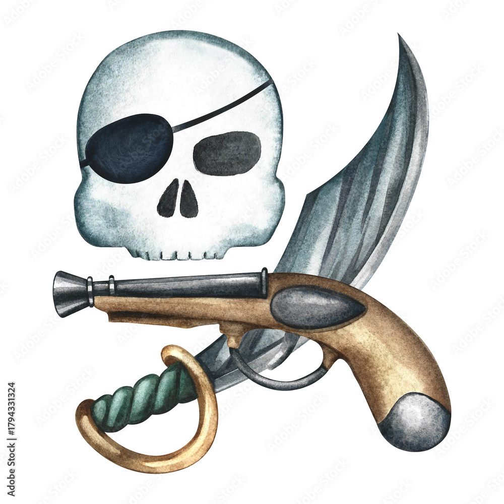 Naklejka premium Pirate theme. Skull with an eyepatch, a pistol, and a cutlass. Hand-drawn watercolor illustration. Symbol of danger and death for logos, warning signs. For packaging, labels, games, stickers, and more