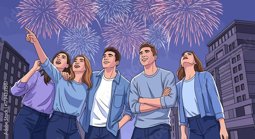 Five happy young adults watching a vibrant fireworks display in the night sky over a city.