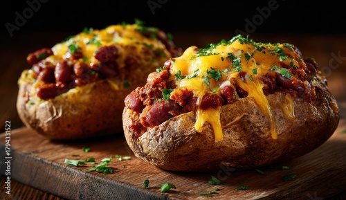 Two baked potatoes loaded with chili and melted cheese sit on a wooden cutting board, garnished with fresh parsley, creating a delicious and appetizing meal